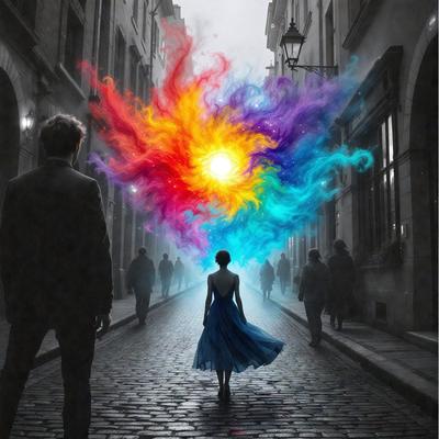 The primary subject of the image is a woman walking down a street. She is wearing a blue dress and appears to be the main focus of the scene. The setting is a city street with a brick surface, and the visual style is a black and white photo. The overall atmosphere is somewhat dramatic and artistic, with the woman being surrounded by a colorful, swirling mist that adds a sense of depth and intrigue to the image.